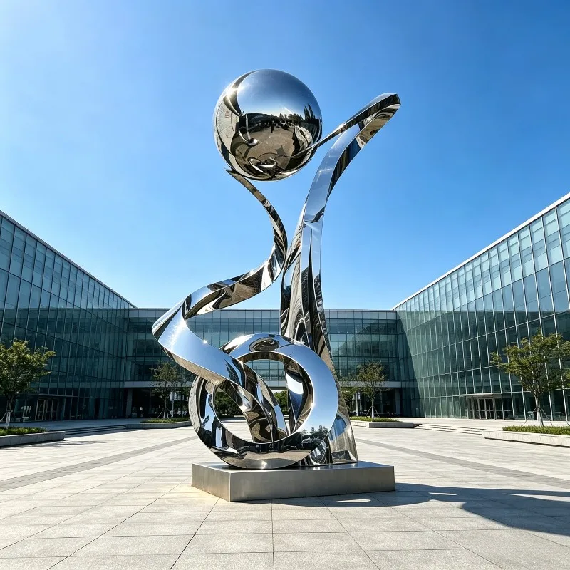 Mirror Polished Ribbon Sphere Ring Stainless Steel Sculpture Custom Modern Abstract Ornament Outdoor Commercial Community Garden