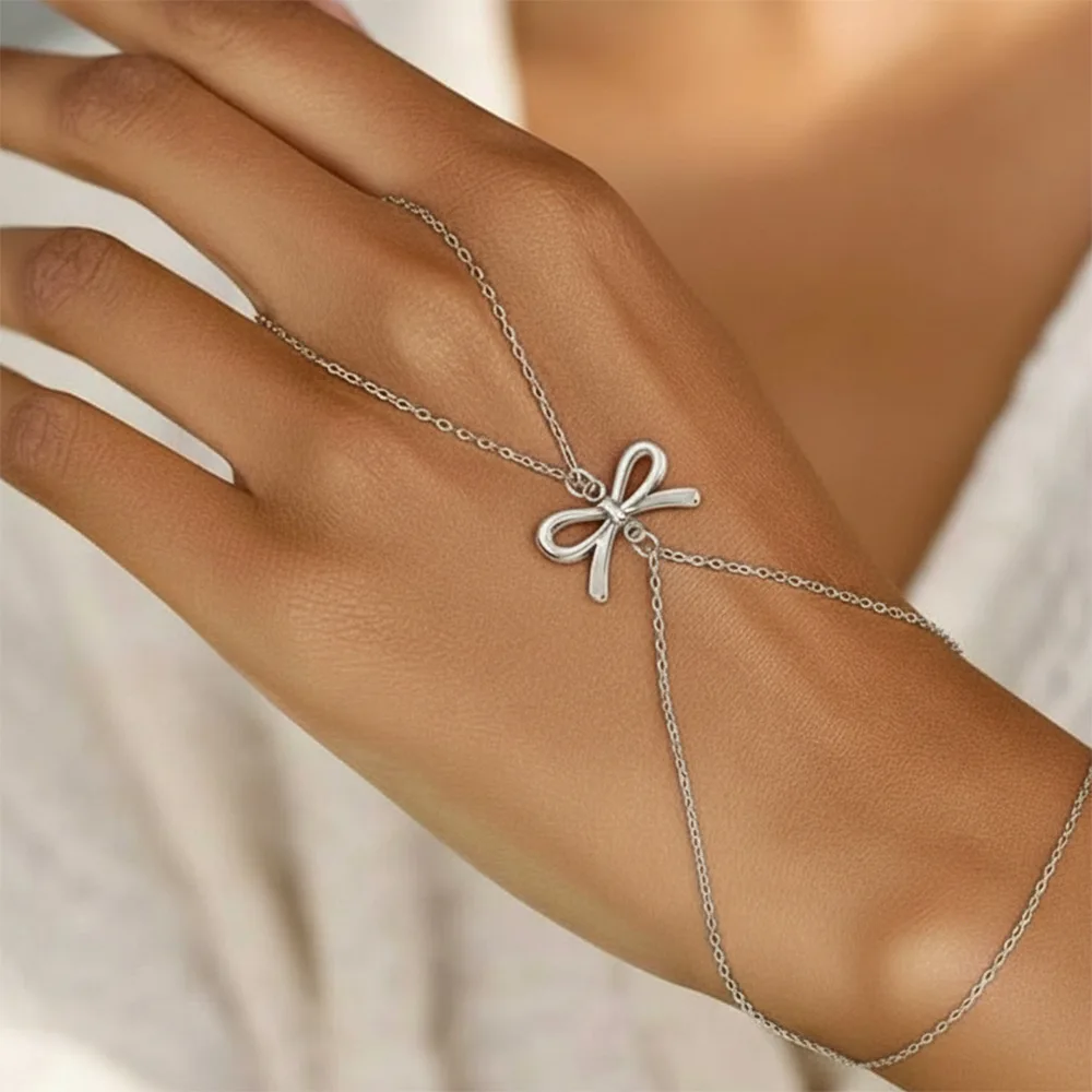 Women's 18K Gold Plated Stainless Steel Bow Integrated Connected Finger Bracelet Hand Jewelry Gift