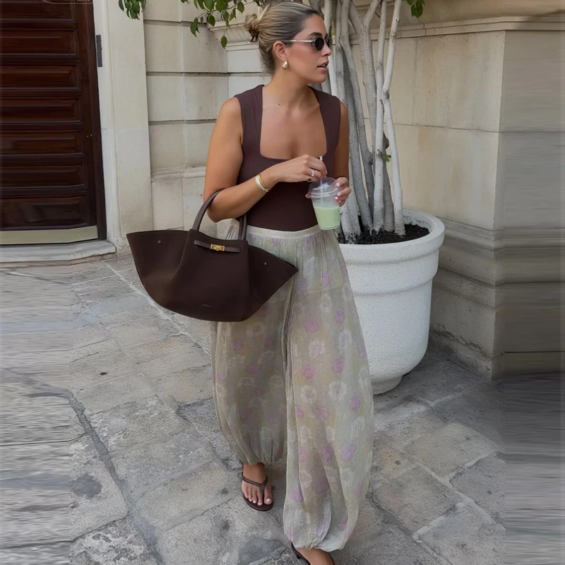 HXAO Damskie Spodnie Letnie z Nadrukiem Kwiatowym, Luźne Spodnie Damskie w Stylu Boho z Plisami, Płynne Spodnie Damskie Casual, Półprzezroczyste Spodnie Balonowe