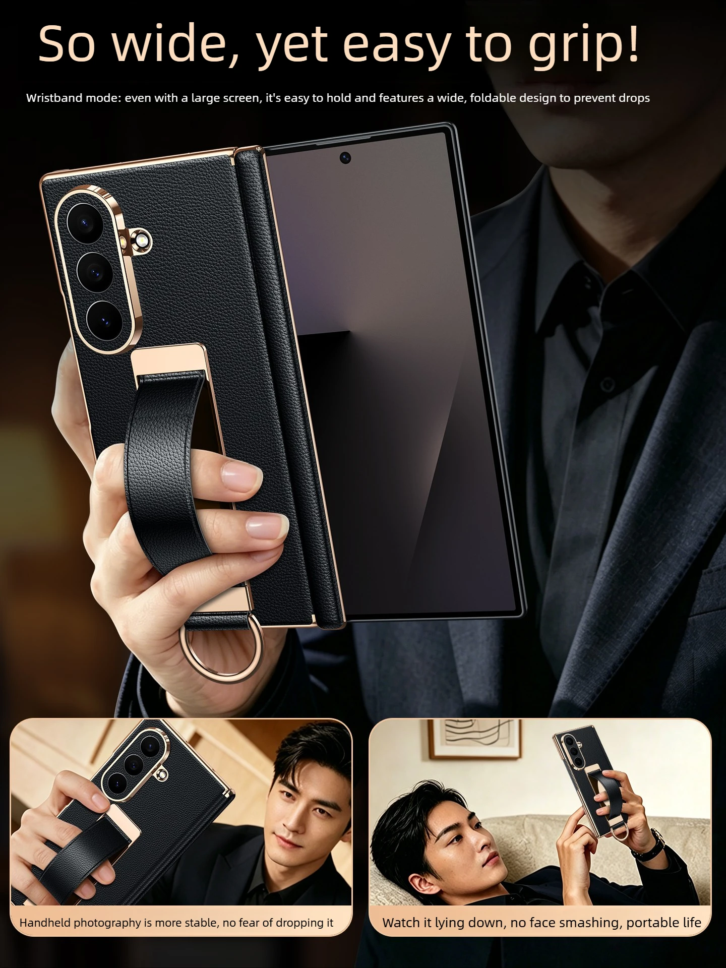 Wrist Strap and Ring Stand Case for Samsung Galaxy Z Fold 8, Fold7 Genuine Leather Hinge & Frame Protection for SAM Z Fold8Ultra