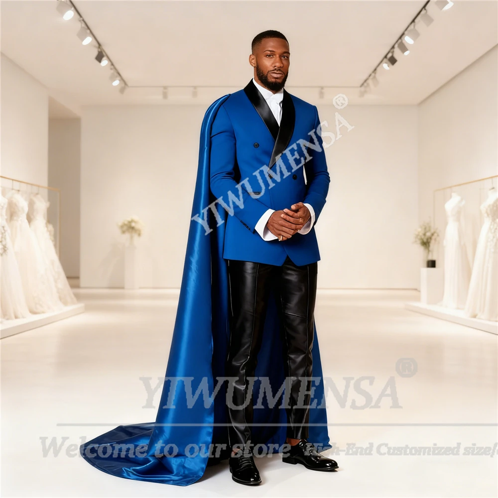 Smoking da sposo brillante con mantello lungo in raso con risvolto doppio petto giacca pantaloni abiti personalizzati uomo costume slim homme