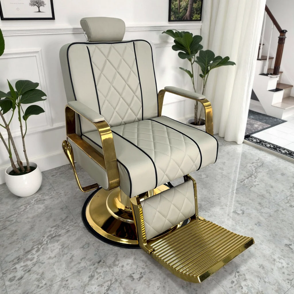 

Modern Adjustable Barber Chair Golden Frame Synthetic Leather 360 Degree Rotation Durable Powerful Hydraulic Pump for Workshop