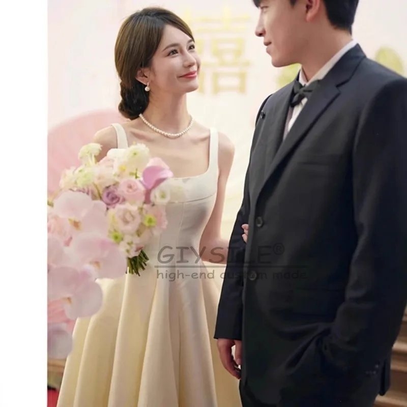 GIYSILE Abiti da sera posteriori con cinturino a trapezio senza maniche in raso leggero con colletto quadrato alla moda bianco personalizzato