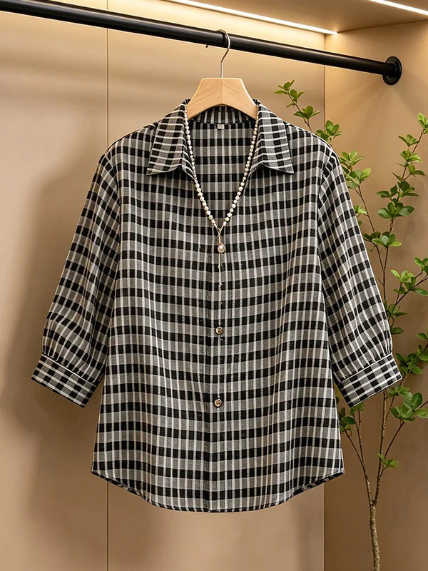 

plus Size 2026 Summer New Fashionable Loose Plaid Women's Shirt Design Sensation Small Audience Turn Collar Top Skin Friendly...