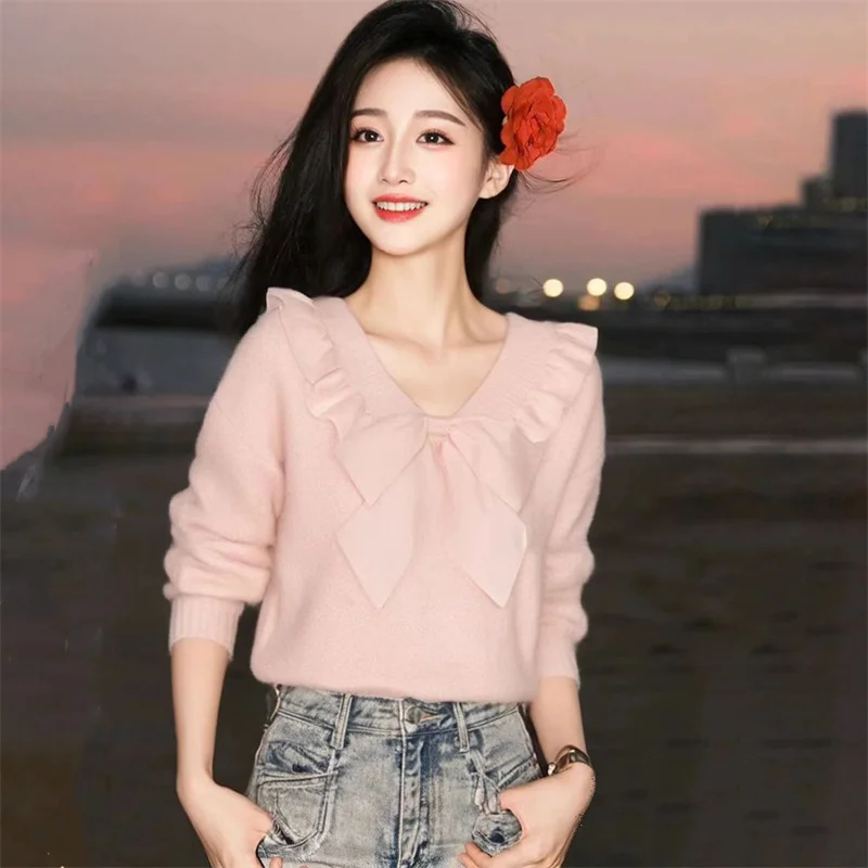 Primavera otoño suéter rosa 2025 nuevo cuello en V ropa suelta de mujer pulóver Top moda Falbala Bowknot blusa de punto femenina