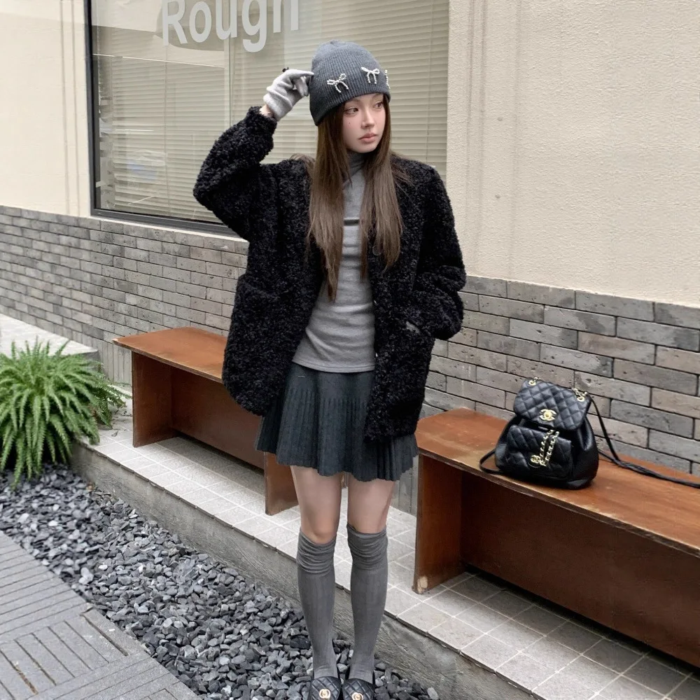 플리스 안감 겨울 여성 밍크 퍼 재킷 싱글 브레스티드 포켓 에코 퍼 코트 여성용 다용도 캐주얼 인조 퍼 코트