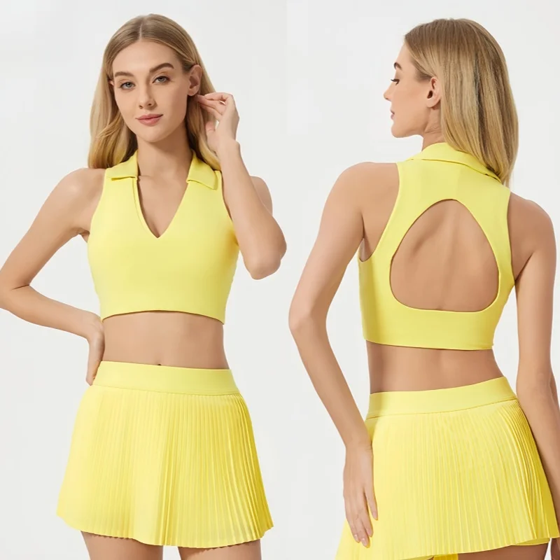

Women's Yoga Tennis Gym Polo Collar Sports Bra Breathable Mesh Back Workout Top Fitness Activewear Stylish Support Comfort