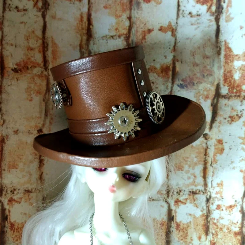 D03-P678 Children Toy BJD DD SD MSD 1/6 1/4 1/3 Uncle Doll's Photo Props Steampunk Industrial Metal Leather Top Hat 1Pcs