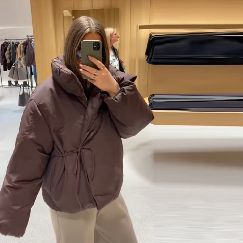 

Зимние теплые пышные женские пуховики, утепленное однобортное пальто с хлопковой подкладкой, верхняя одежда с высоким воротником на шнуровке, новинка 2025, женское пальто