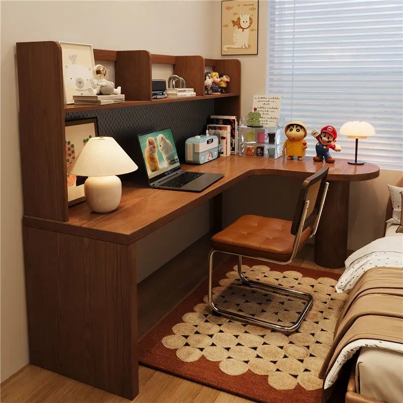 Medieval solid wood corner desk bookshelf integrated, household bedroom, computer desk c