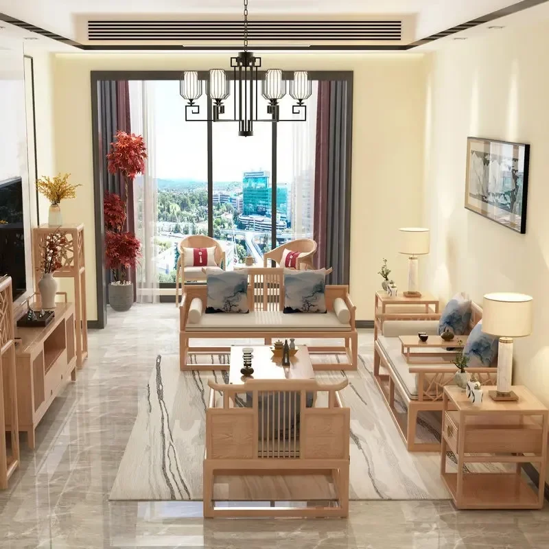 New Chinese-style solid wood sofa combination, simple and modern style, small apartment living room villa bed and breakfast furn