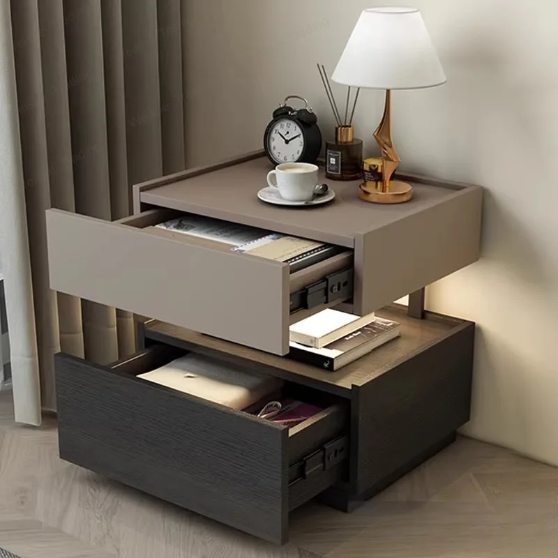 Italian minimalist bedside table modern suspended solid wood bedside cabinet plus sensor lamp bedroom building block locker