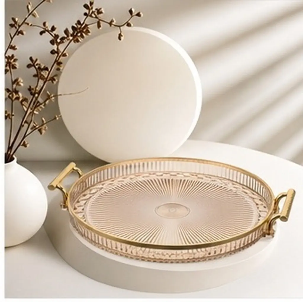 Timeless Round Decorative Tray Clear Plastic with Easy-Carry Handles for Tea Coffee Dessert Fruit Serving Jewelry Vanity