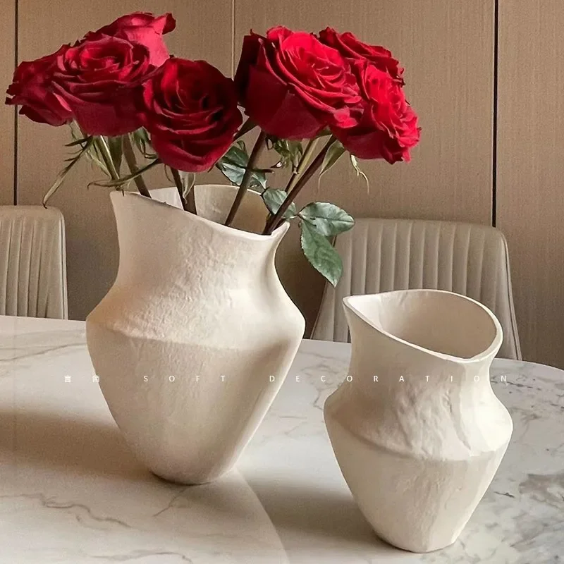 French Wide Mouth White Ceramic Non-Resin Niche Vase Dining Table Living Room Study Table Decoration Flower Arrangement