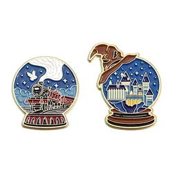 Christmas Magic Crystal Ball Brooch Enamel Pins Custom Romantic Night Sky Castle Train Brooch Lapel Badges Jewelry Gift Ornament