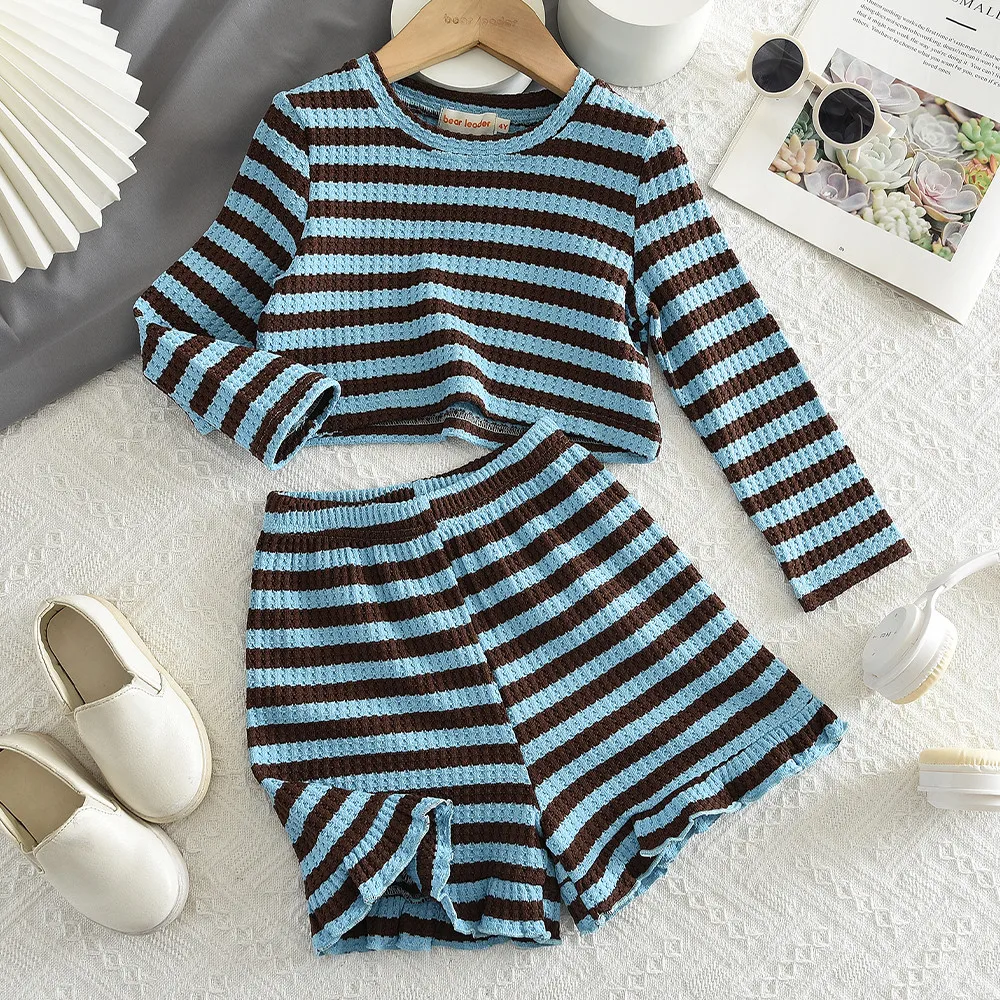 Autumn New Blue Striped Korean Version Fashionable Girls' Casual Clothes Long Sleeved Top+shorts Two-piece Set Comfortable