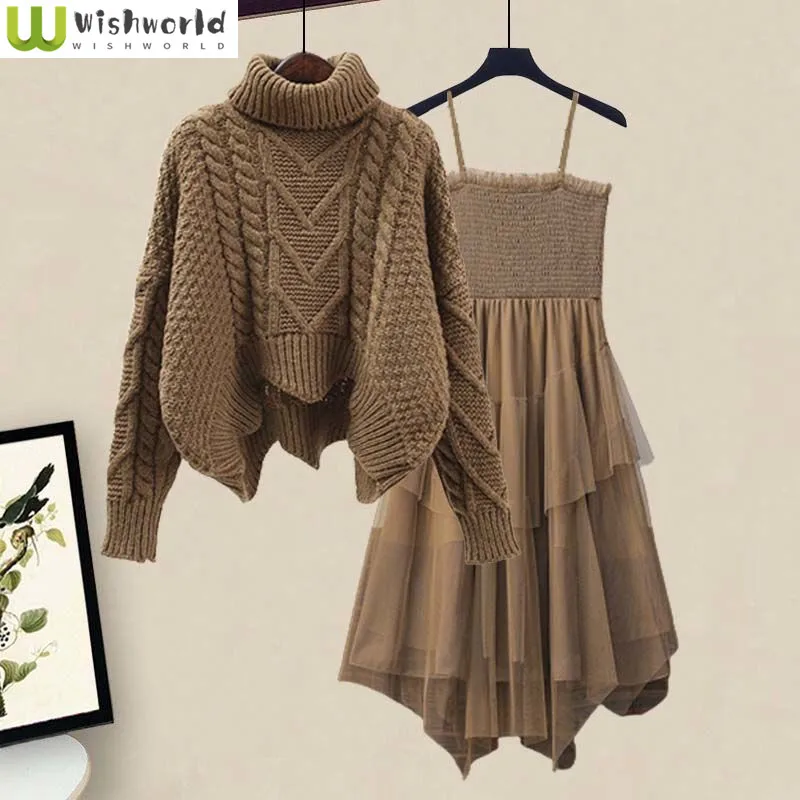 

Fashion Women's Set Autumn and Winter Korean Version High Neck Irregular Sweater Paired with Dress Two-piece Set