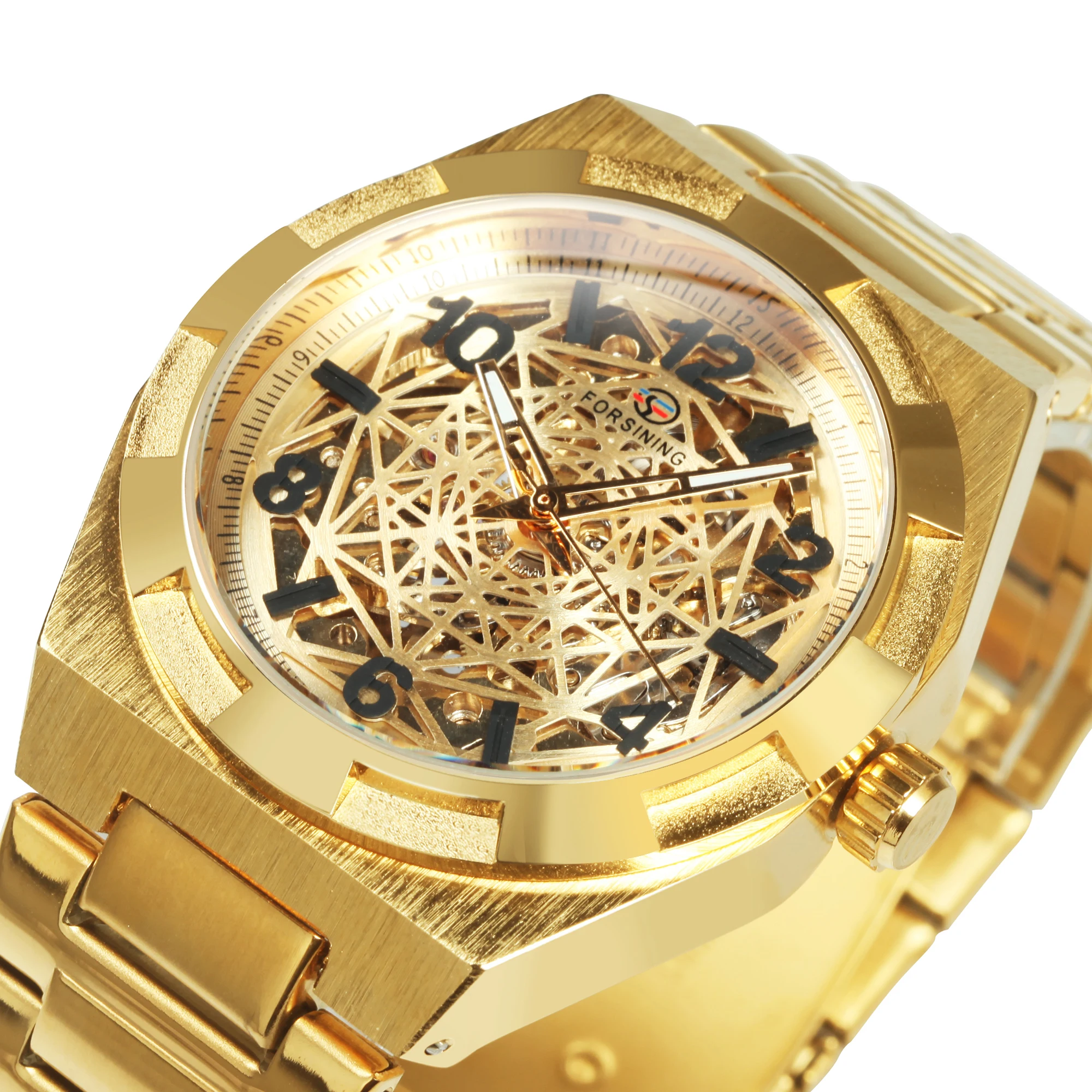 Forsining Gold Mechanical Watches Luxury Brand Irregular Skeleton Automatic Watch for Men Retro Stainless Steel Strap Luminous
