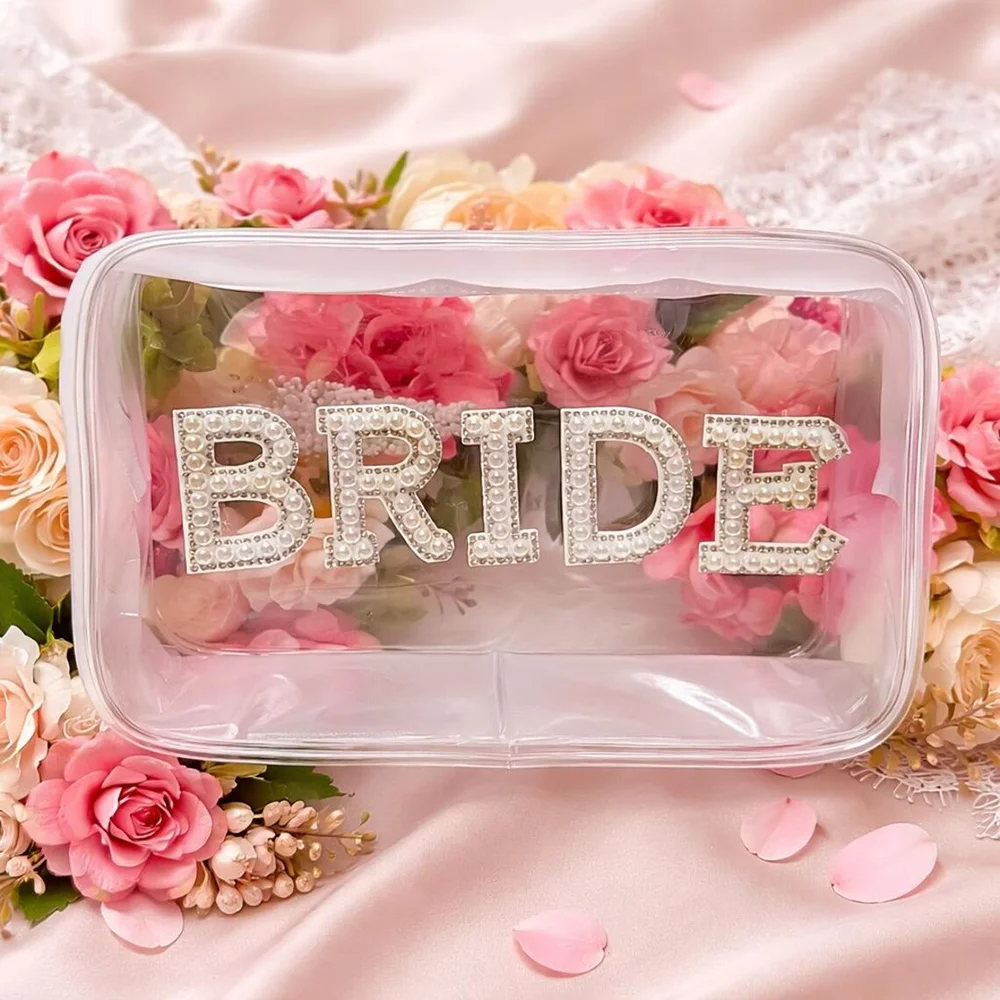 Pearl Letters Makeup Bag Wedding Day Bride Essential Future Mrs Gift Honeymoon Toiletry Bag Hen Party Bridal Shower Engagement view 5