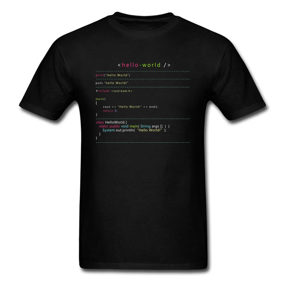

Hello World In Multiple Programming Languages Black Tshirt Camisa Funny Short Sleeve Coder Top T-shirts Birthday Men Shirt