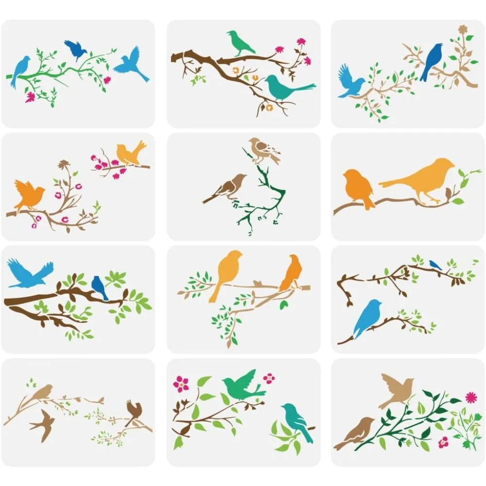 12Pcs 12 Styles Sea Animals Theme PET Hollow Out Drawing Painting Stencils for DIY Scrapbook Photo Album Bird 210x297mm