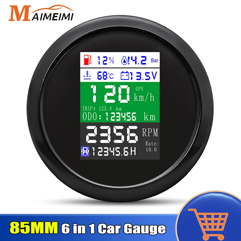 85mm 6 in 1 GPS Speedometer+Tachometer+Fuel Level Gauge+Oil Pressure+Water Temp+Voltmeter Digital Gauge for Car Boat Marine 12V