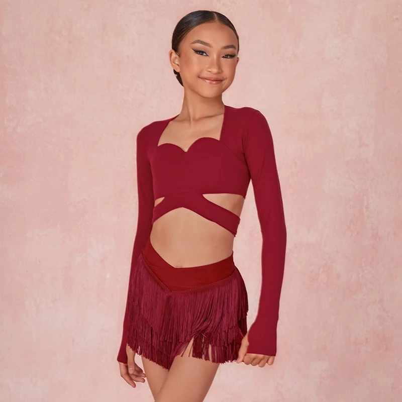 ZYM Girls Latin Dance Clothes Fringe Skirt Cha Cha Rumba Dance Skirt Performance Costume Kids Latin Practice Clothing DNV21738