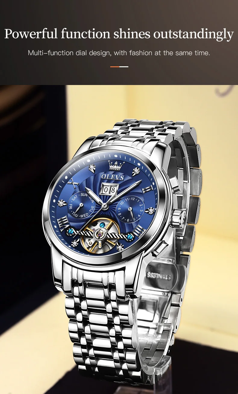 OLEVS 9910 Brand Original Authentic Watches for Man Luxury Gift Box Steel Belt Multifunctional Tourbillon Mechanical Men's Watch
