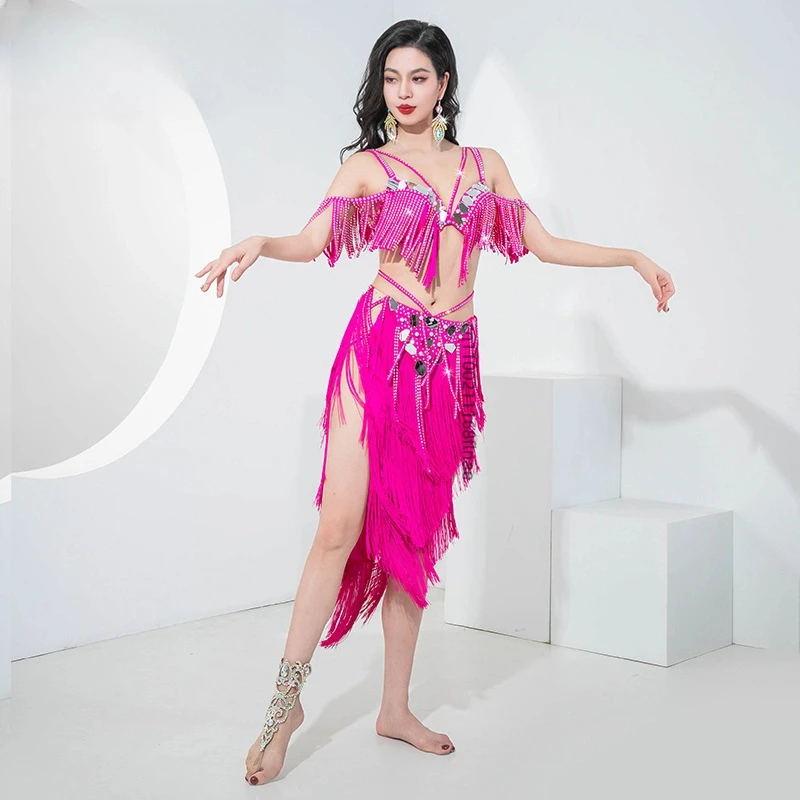 New Belly Dance Performance Dress Top Skirt Triangle Tassel Dynamic Skirt Girls Belly Dance Stage Performance Dress Set