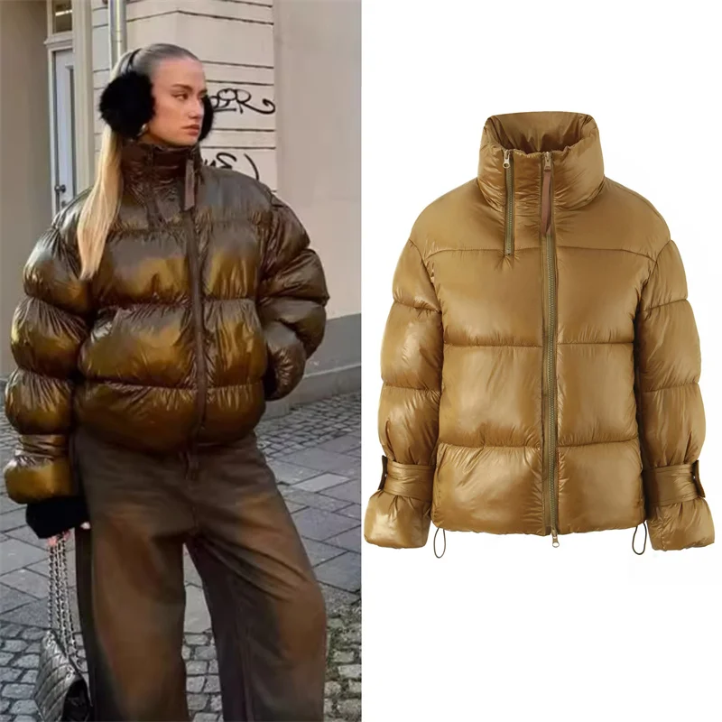 

Women's Cotton Jacket 2025 New Winter Style Golden Long-Sleeve Stand Collar Zipper Decorative Warm Cotton Coat Casual Fashion