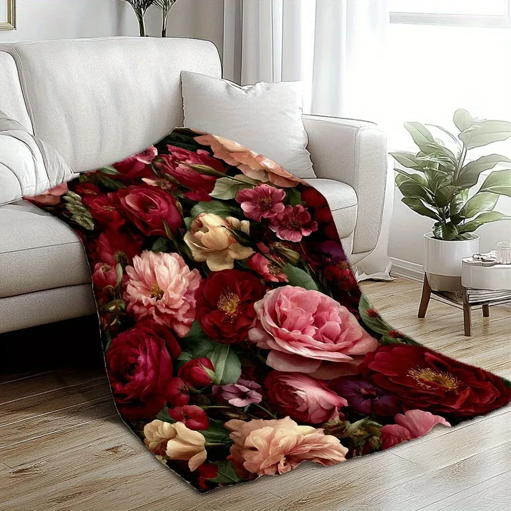Vintage Blooming Floral Symphony Print Flannel Blanket  Luxury Throw for Sofa, Bed, Couch Vibrant Mixed Colors Home Decor