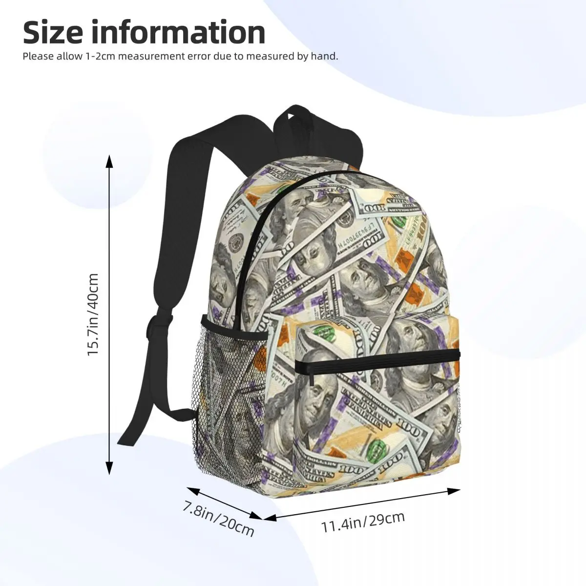 Giant Money Background 100 Dollar Bills Student Backpack School Bag Hiking Travel Daypack for Boys Girls Bookbag Shoulder Bags