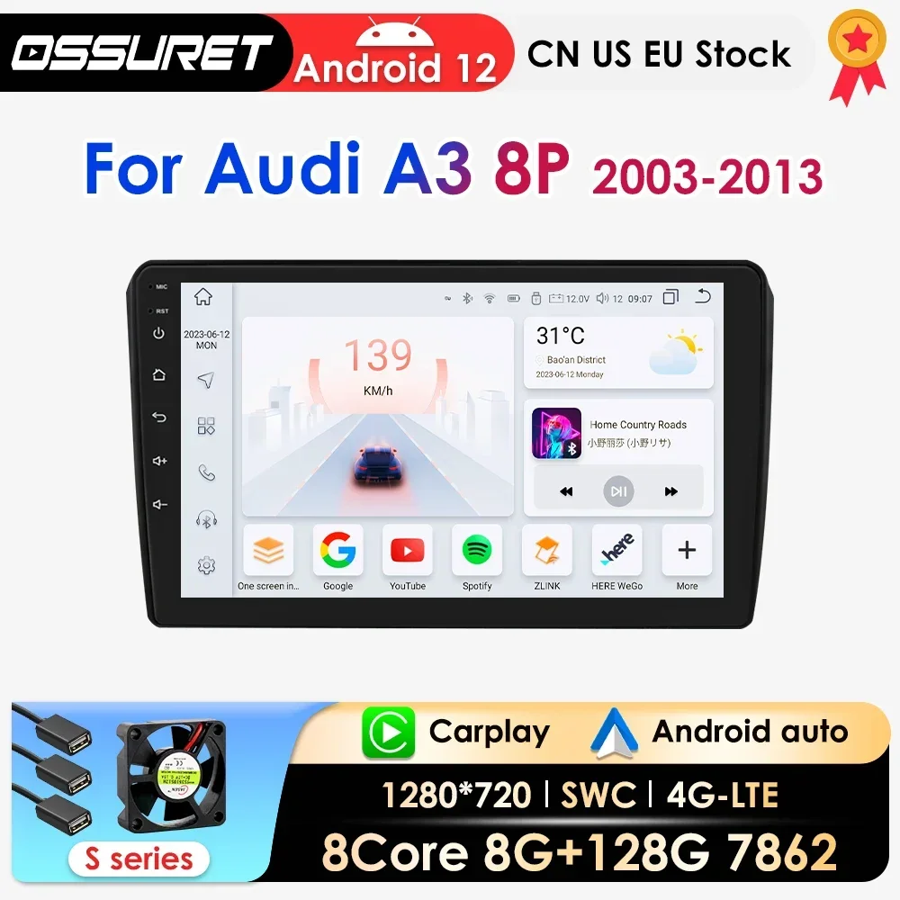 OSSURET Carplay Android Auto Car Radio For Audi A3 2003-2013 Multimedia Video Player Navigation stereo GPS 2Din Octa Core 7862