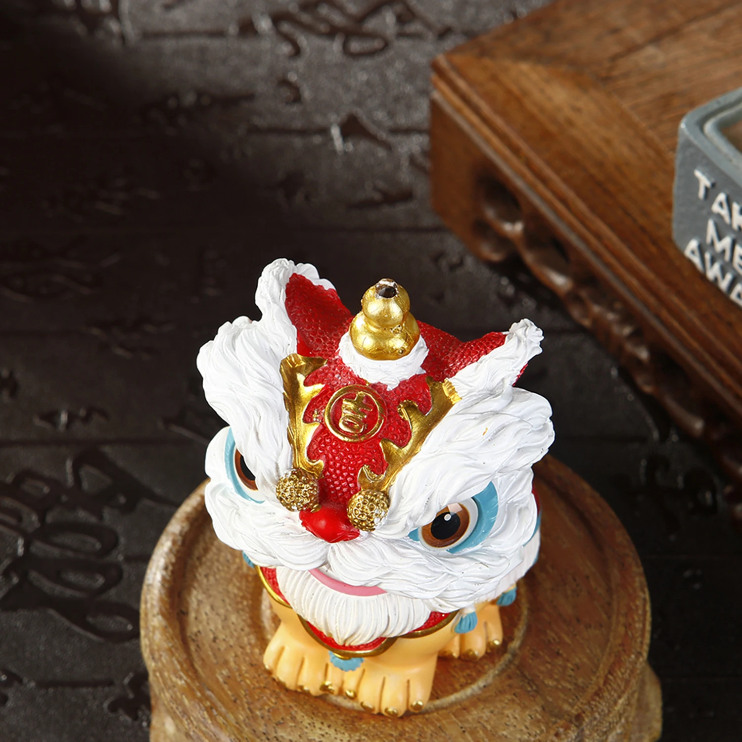 Resin Chinese Lion Incense Holder for Sticks Creative Incense Burne with Wooden Base for Yoga Meditation Home Decor