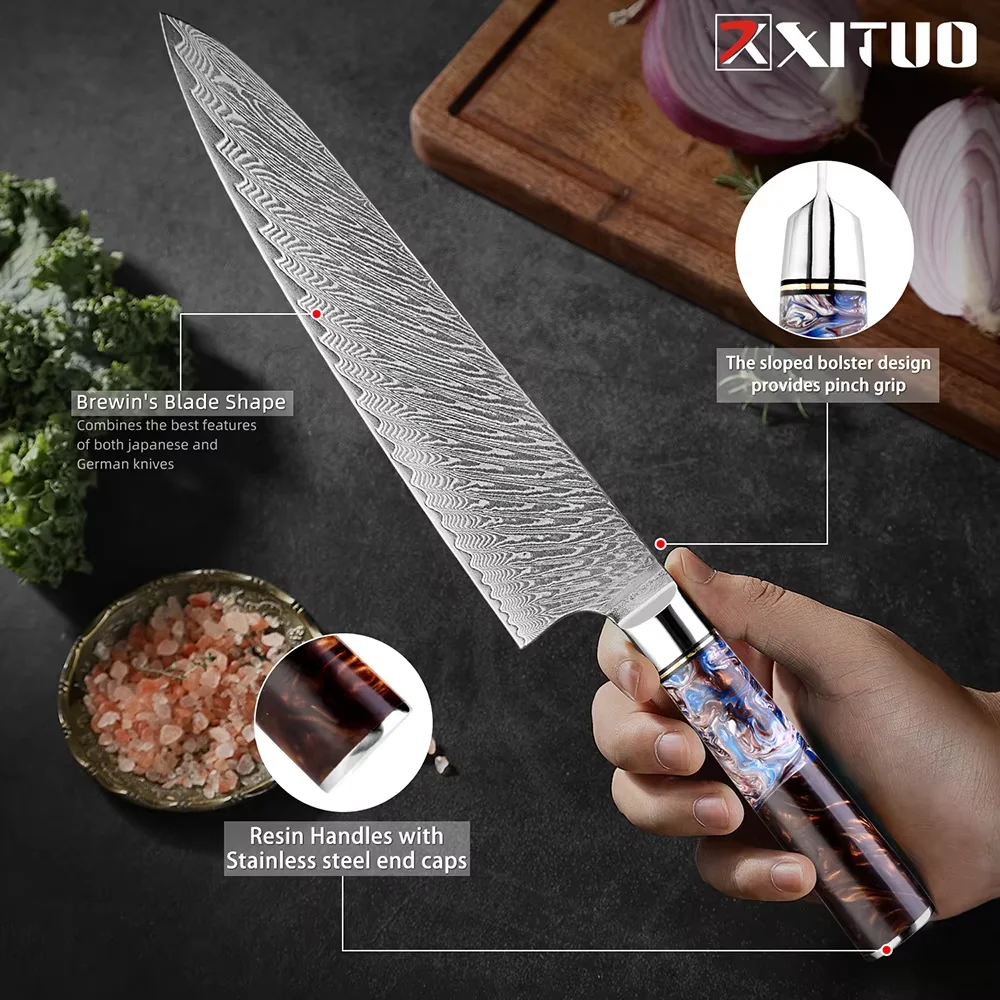 

8-дюймовый нож шеф-повара из дамасской стали, японский кухонный нож, профессиональная острая морская синяя ручка из смолы, кухонные ножи шеф-повара