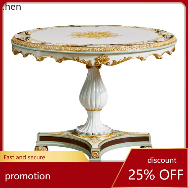 HT Retro Restaurant Round Dining Table Round Carved Craft Palace Solid Wood Decorative Flower Table Villa Home Dining Table