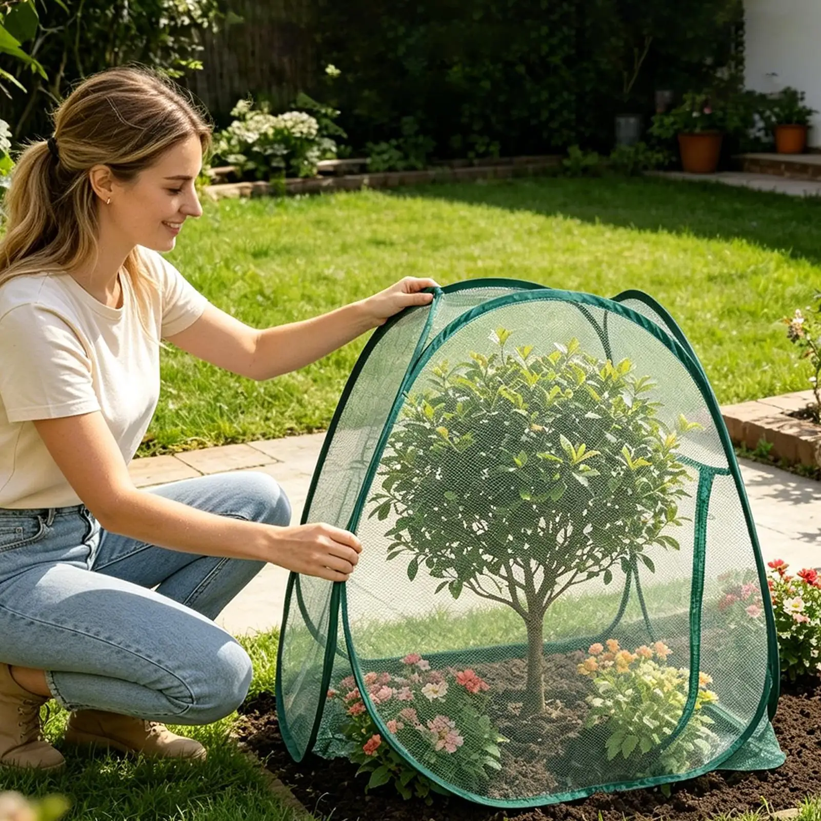 Pflanzenschutznetz Pop-Up Gartennetz 72x72x82cm Tragbares Pflanzenschutz-Zelt Outdoor-Gewächshaus für Gemüse, Blumen und Obst ﻿