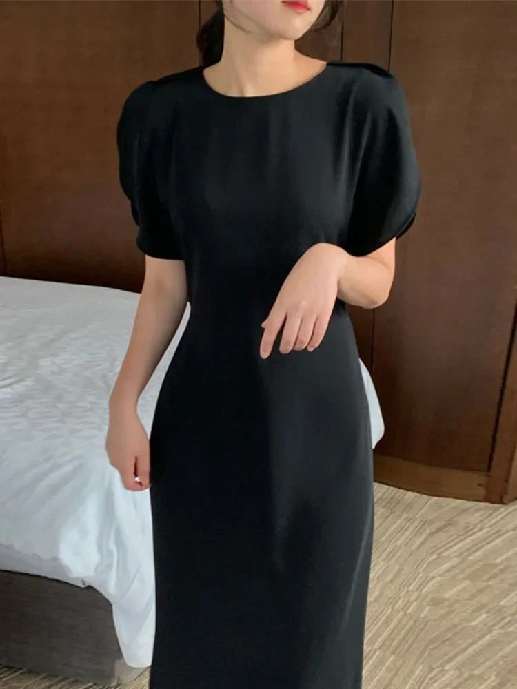 Simple Basic Sweet Elegant Ladies Woman Dress Summer New Solid Color Slim Women Dress Fashion Street Black Apricot Dresses