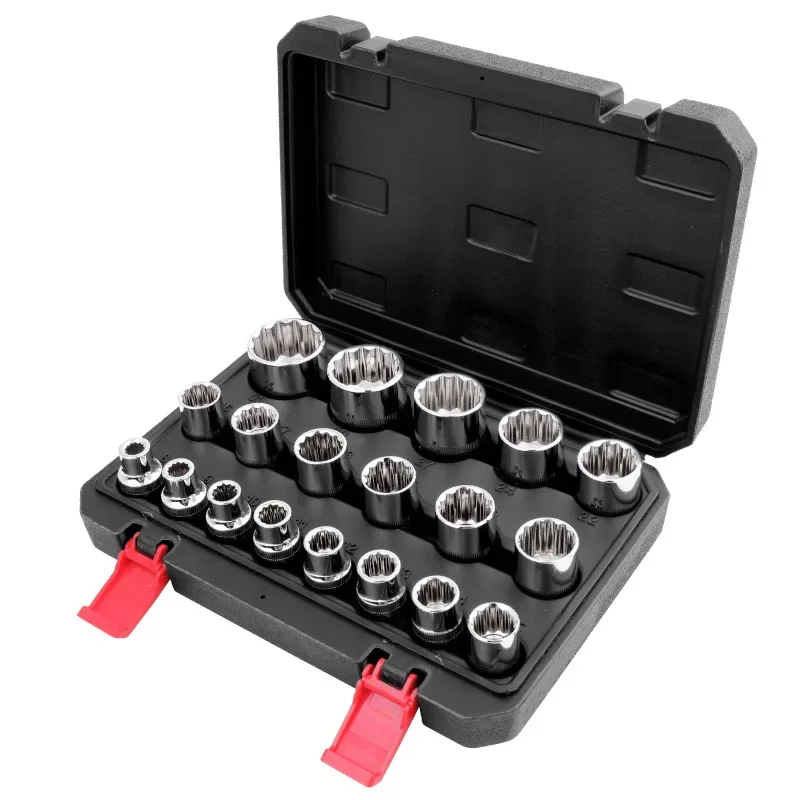 19-21 Piece Socket Set 1/2 Inch Drive 6 & 12 Point Chrome Vanadium Steel Metric Repair Home UseTool Kit for Auto