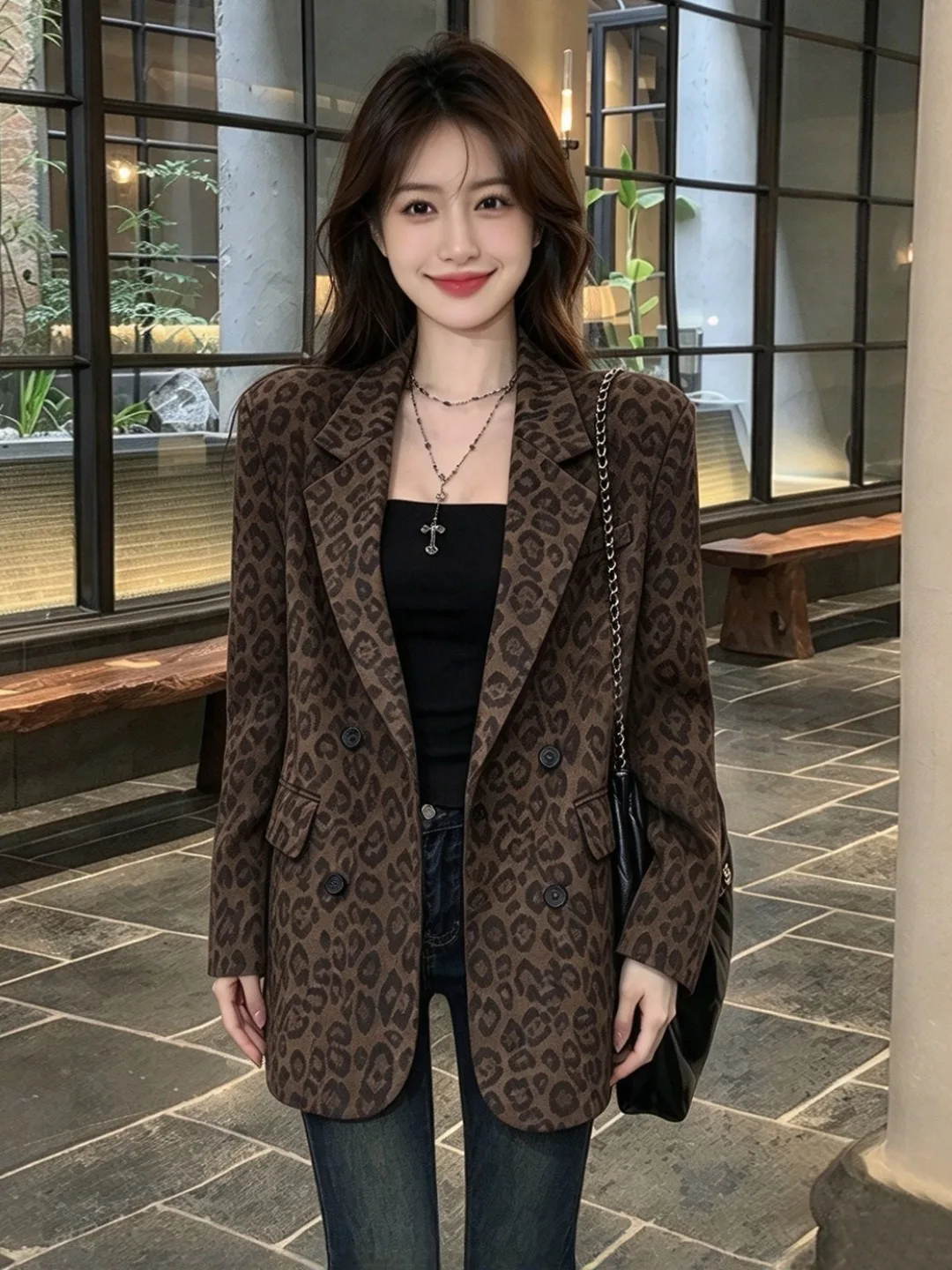 Casual Style Loose Fit Leopard Print Suit Jacket Double Breasted Coffee Color Slimming Effect Hong Kong Style Retro Coat