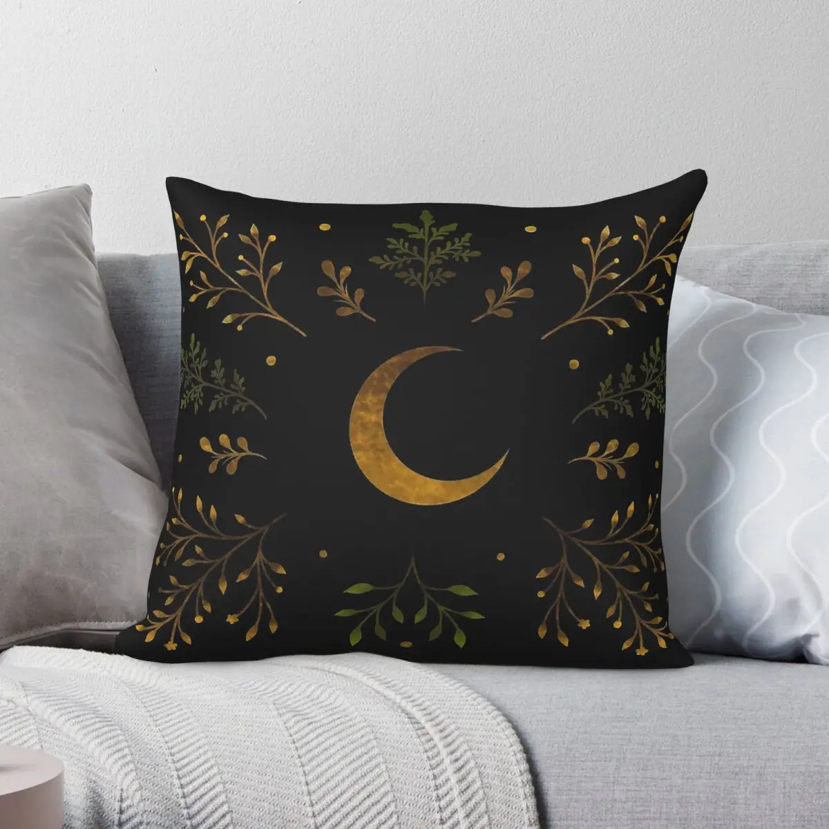 Crescent Moon Gold Square Pillowcase Polyester Linen Velvet Printed Zip Decorative Sofa Cushion Cover