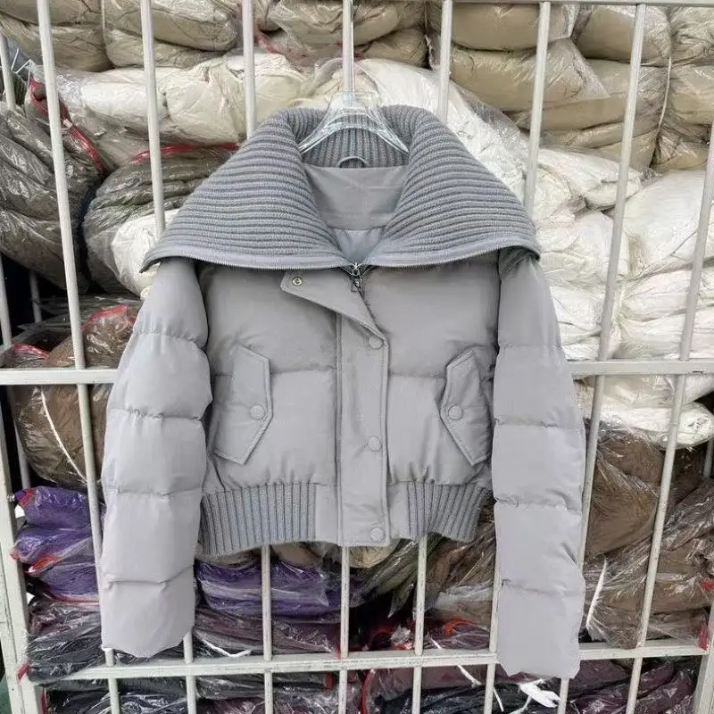 

2025 Autumn Winter Women Fake Two Pieces Padded Jacket Turn-down Collar Crop Down Jacket Korean Thick Parkas Outwears Designer