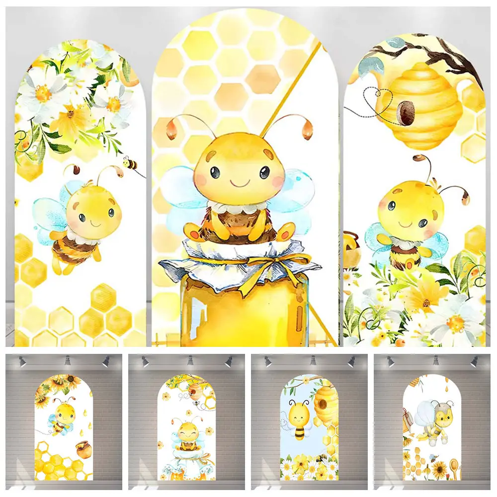 

Cartoon Cute Bee Collecting Honey Sunflower Kid Birthday Party Arch Backdrop Custom Kid Room Photography Poster Decor Background