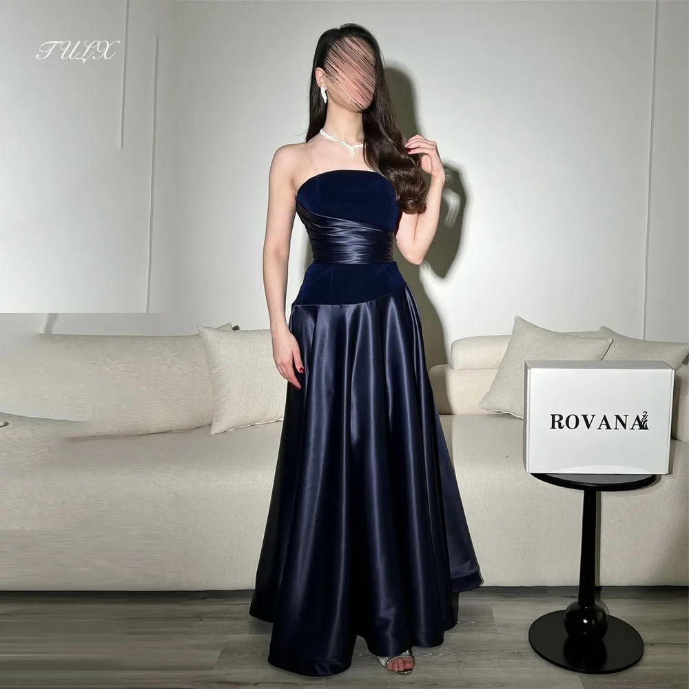 TULX-vestido de noche de satén azul profundo, Arabia Saudita, sin tirantes, sin mangas, vestidos de fiesta, línea A, vestido largo para ocasión Formal personalizado