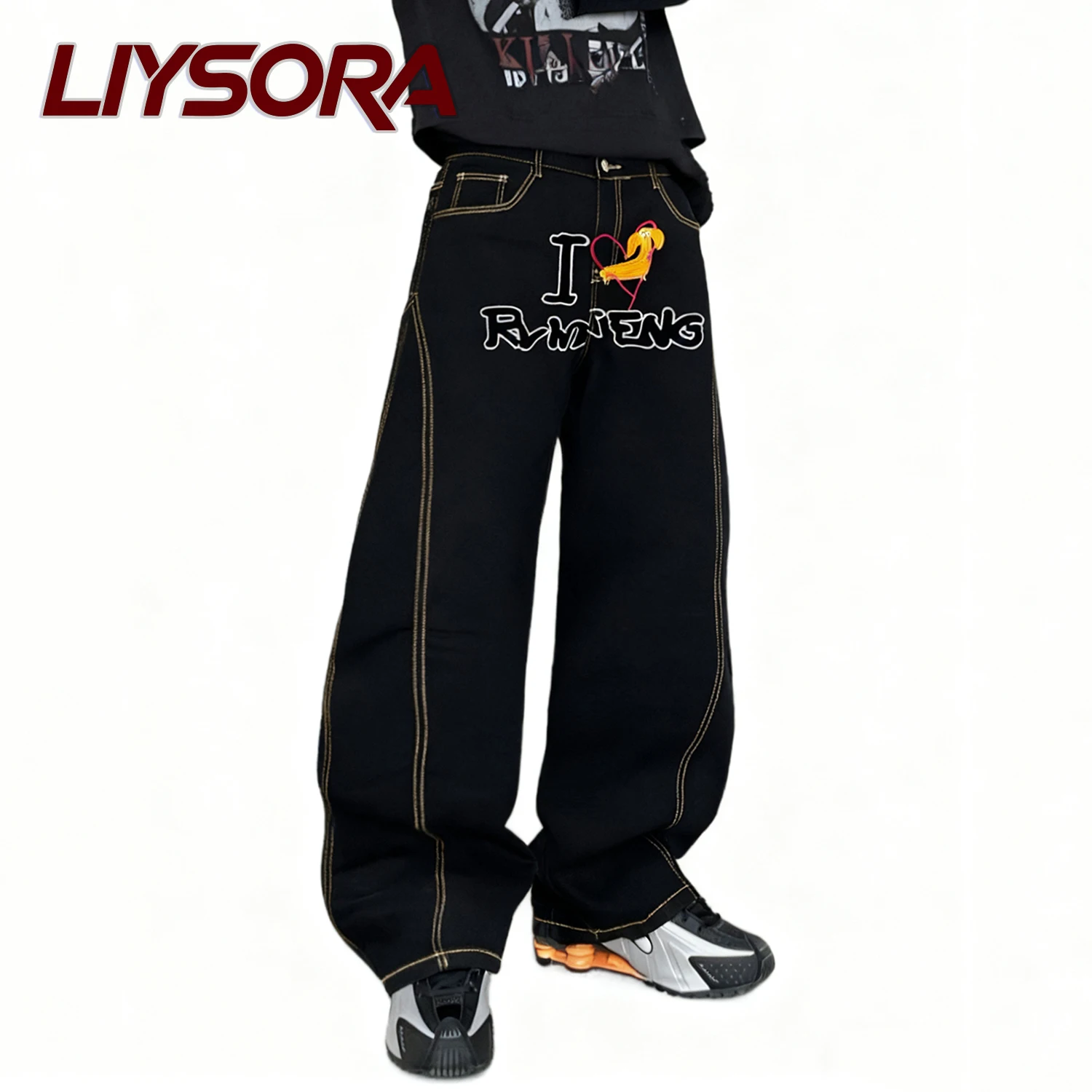 Мужские мешковатые широкие джинсы в Корейском стиле с вышивкой собаки в стиле ретро, уличные повседневные свободные джинсовые брюки унисекс с деконструкцией сращивания