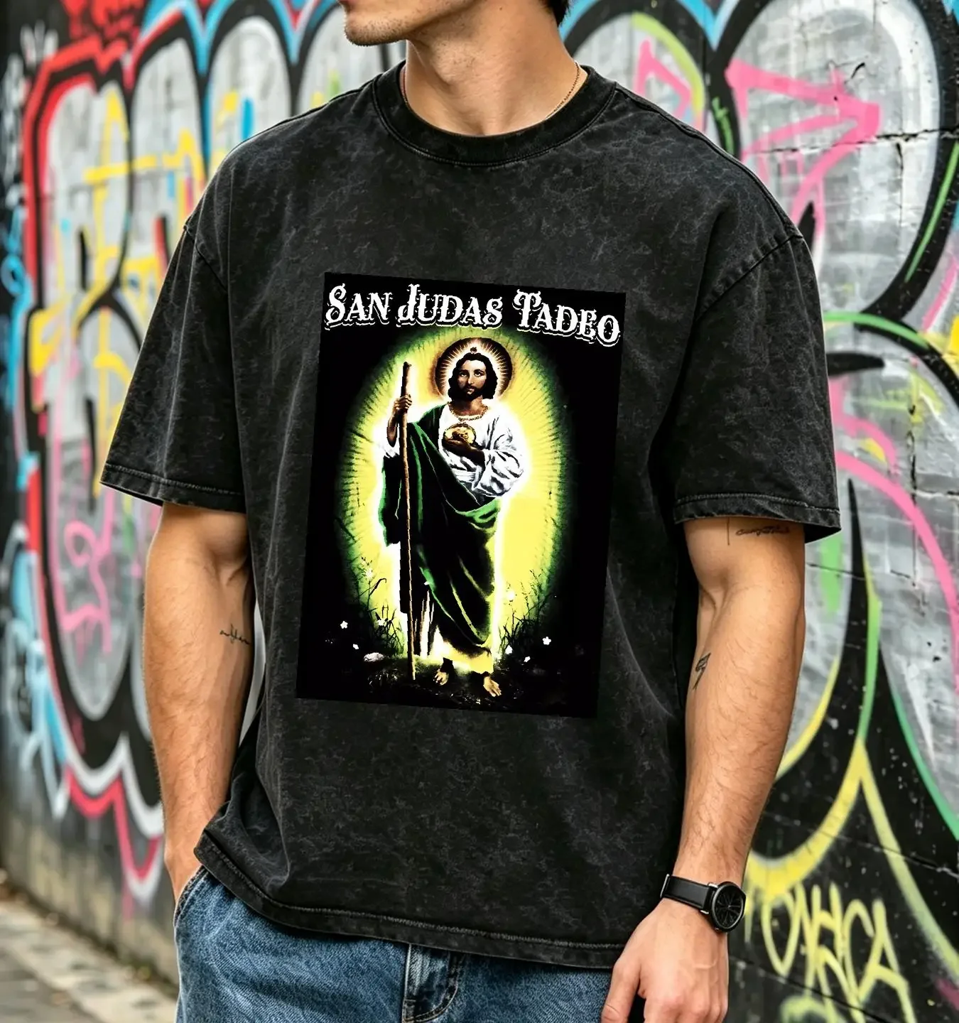 washed T Shirt San Judas Tadeo Apostle Of Jesus Mens Religious  MED LG XL vintage Washed Soft homme fashion Breathable Unisex