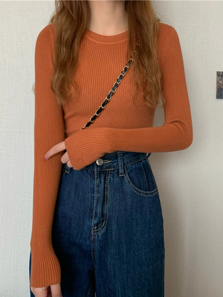 2025 neue Frauen Pullover Herbst Winter Langarm Pullover Grundlegende Top Mode Oansatz Elastische Weibliche Winter Solide Strick Jumper