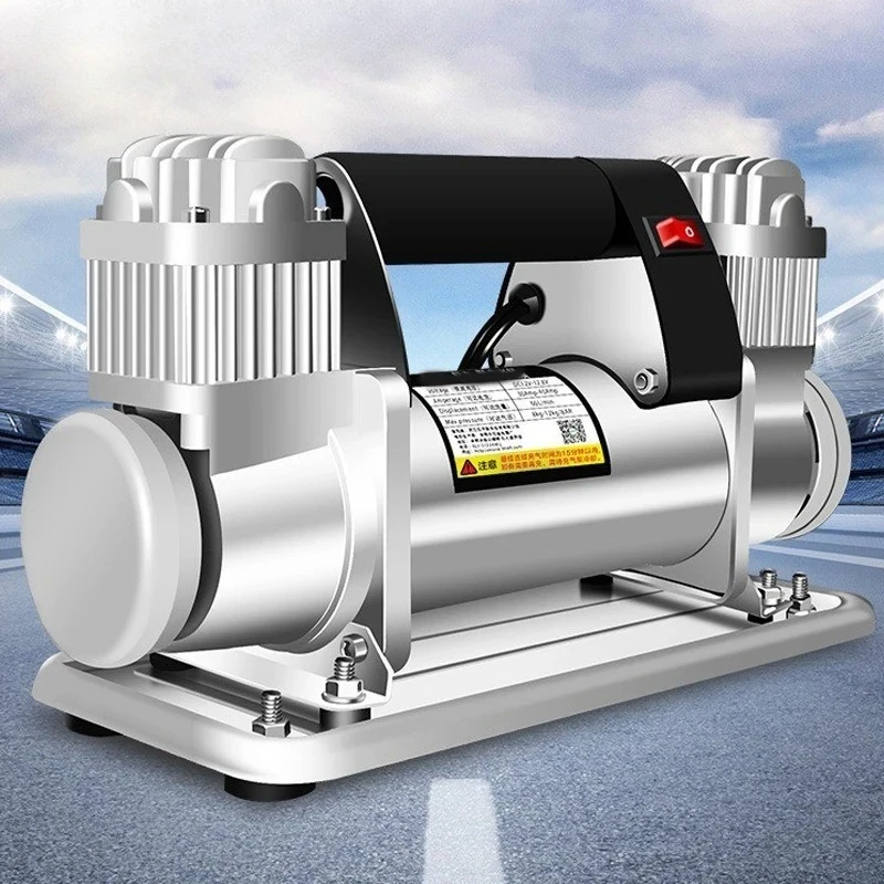High-Pressure Car Air Pump Portable Air Compressor Tire Inflator Double-Cylinder All-metal Pressure Pump 12V/24V Inflator Pump