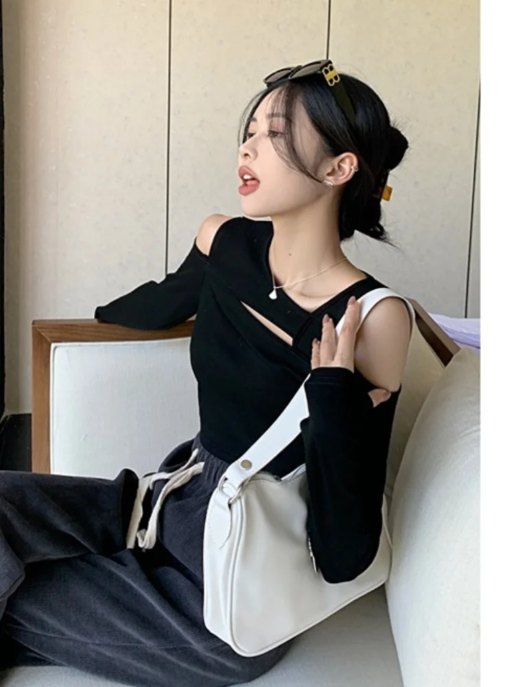 2024 Off Shoulder Crop T-shirt Women Y2k Fashion Hollow Out Long Sleeve TShirts Autumn Korean Streetwear Sexy  Slim-fit Tops