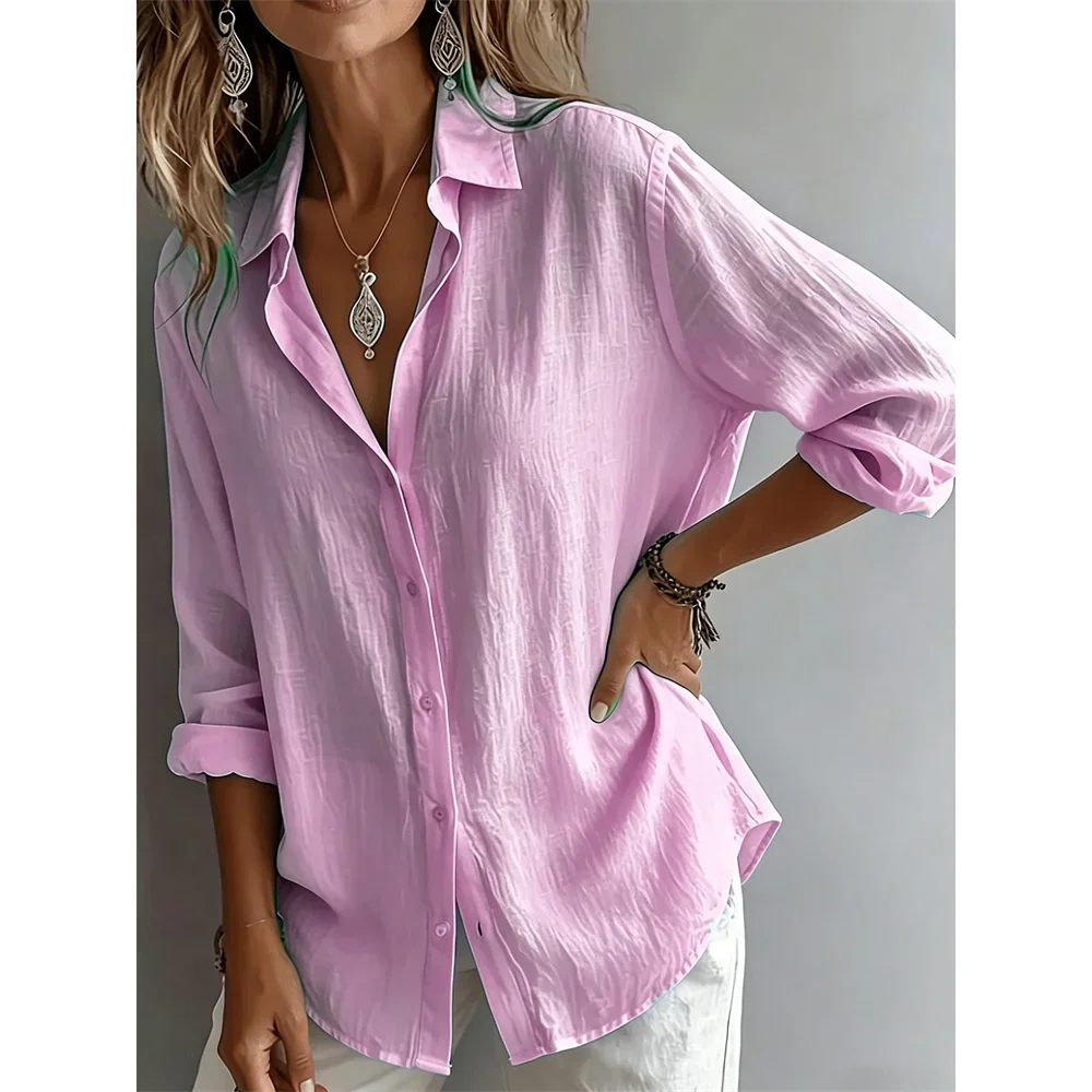 Damen Baumwoll-Leinen-Hemd, Oversize, leicht, atmungsaktiv, einreihig, lässig, mit Umlegekragen, langen Ärmeln, klassische Bluse – Detail 17